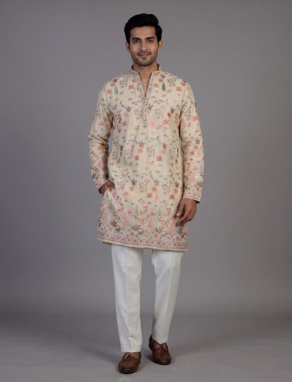 Cream chanderi silk kurta suit with embroidery and sequins for men