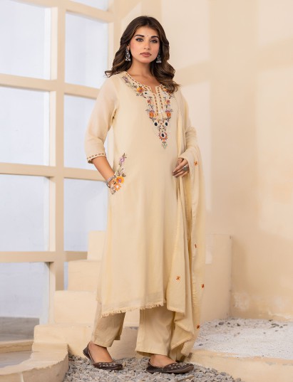 Beige embroidered keyhole womens kurti set
