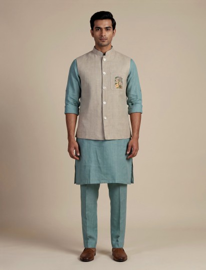 Aqua blue linen waistcoat set for men with festive embellishments