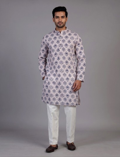 Off white cotton silk printed kurta suit for men