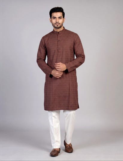 Brown cotton thread detailed kurta suit for men celebrations