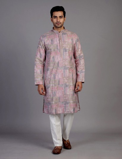 Pink silk printed kurta suit for men festive elegance