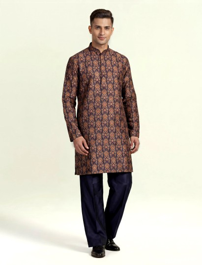 Navy silk blend printed kurta suit for men