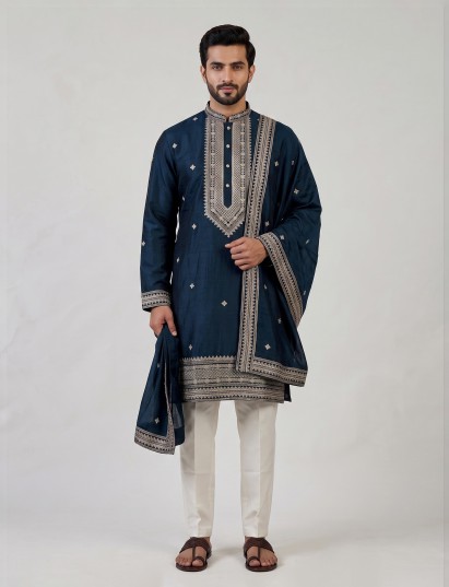 Peacock blue matka silk blend kurta suit for men