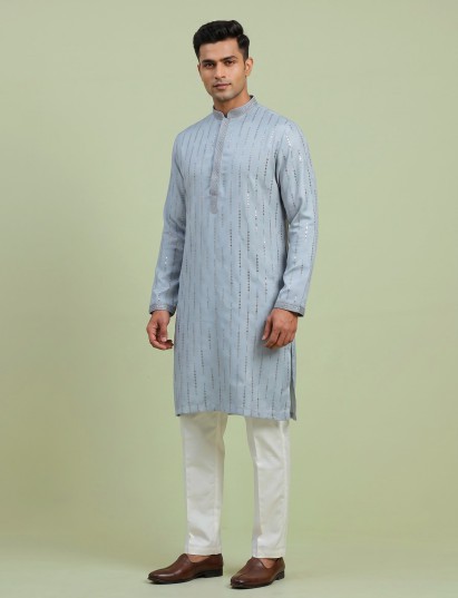 Sky blue silk embroidered sequin kurta suit for men