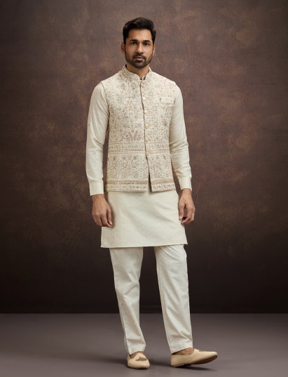 Cream embroidered cotton linen waistcoat set