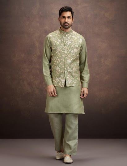 Moss green floral embroidered mens waistcoat set in cotton linen