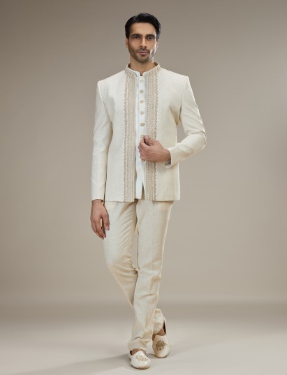 Cream mens embroidered jacket jodhpuri suit