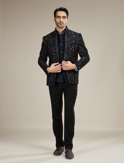 Navy blue mens embroidered velvet jodhpuri suit