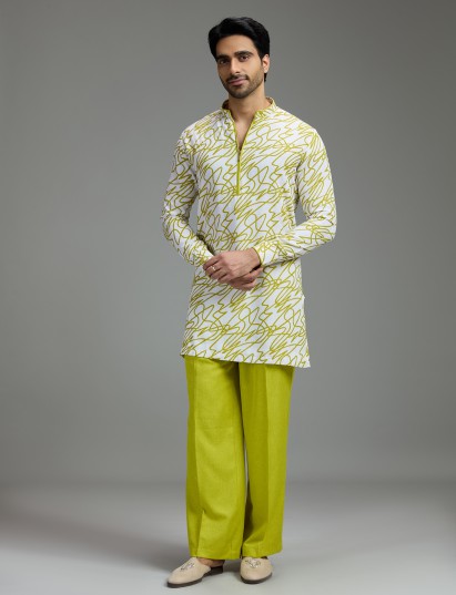 Off white and lime green mens abstract print kurta suit