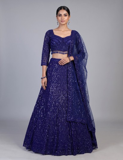 Navy blue crystal fringe designer lehenga choli for women