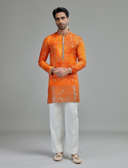 Orange mens heritage floral kurta suit