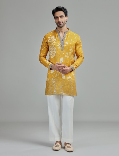 Yellow mens botanical zari kurta suit