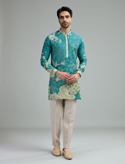 Turquoise blue mens vintage floral kurta suit