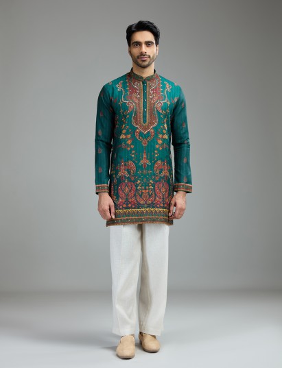 Deep teal green mens kalamkari kurta suit