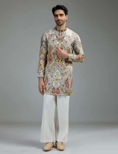 Cream mens kashmiri pattern kurta suit