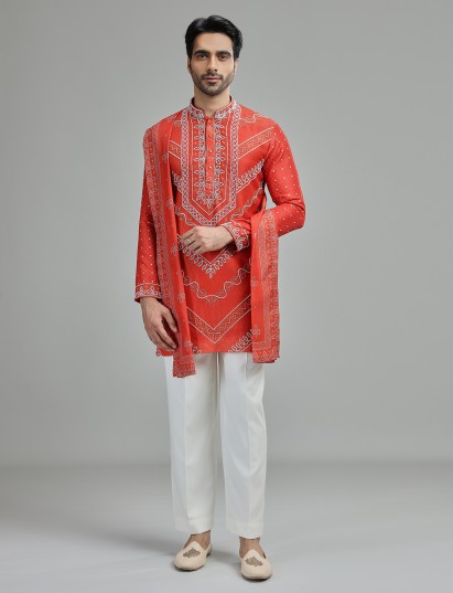 Coral orange mens chevron bandhani kurta suit