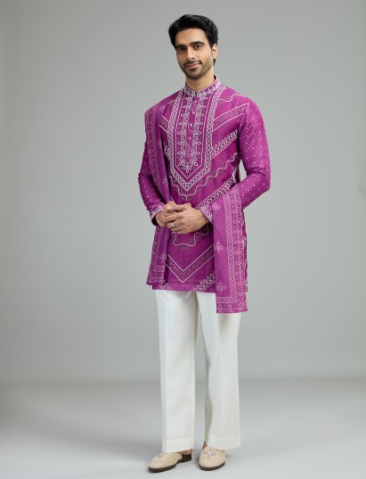 Deep purple mens chevron bandhani kurta suit