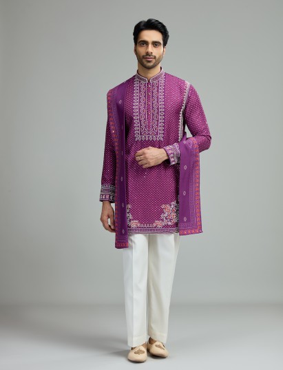 Plum purple mens mughal bandhani kurta suit