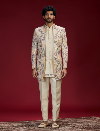 Beige embroidered bandhgala indo western for men