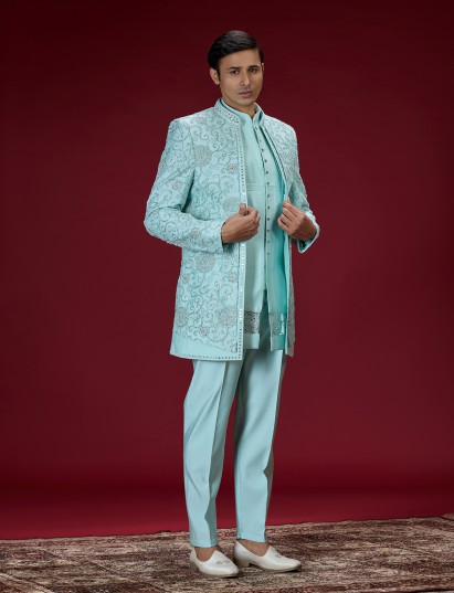 Sky blue heritage embroidered indo western for men