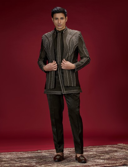 Deep green geometric embroidered indo western for men