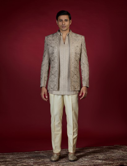 Champagne gold floral lattice indo western for men