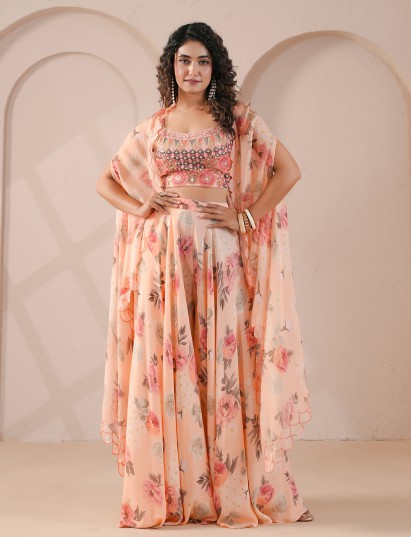 Peach bustier flared pants scallop overlay palazzo suit