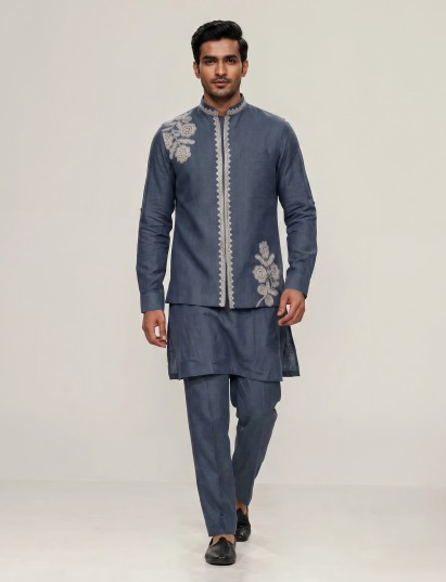 Dark grey cotton linen mens waistcoat set with floral threadwork