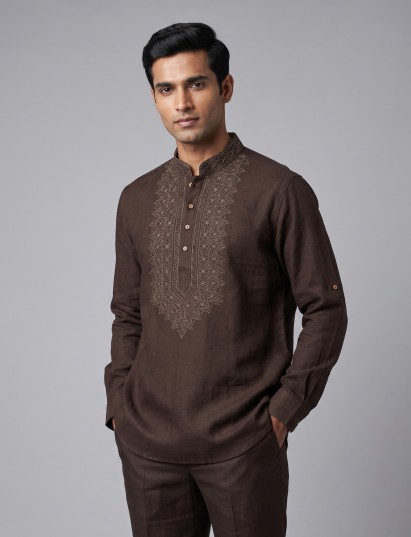 Coffee brown cotton linen mens short kurta with embroidery