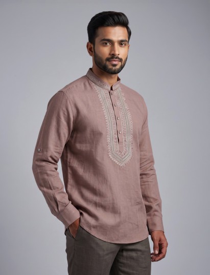 Dusty peach cotton linen mens short kurta with threadwork