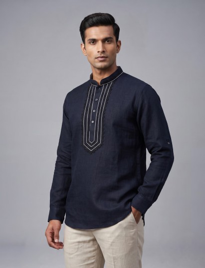 Navy cotton linen mens short kurta with threadwork