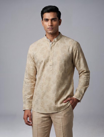 Beige cotton jacquard mens short kurta with floral threadwork