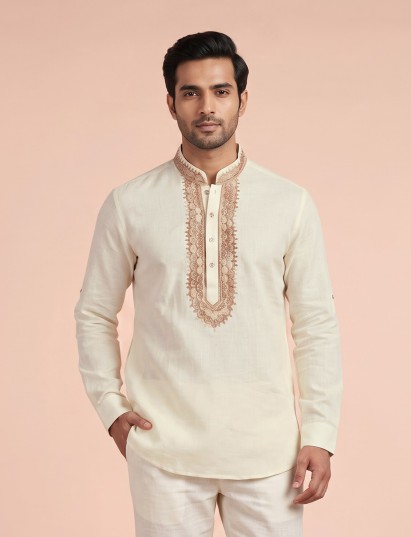 Cream kashmiri paisley kurta for men