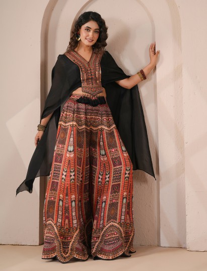 Black embellished flared outfit with sheer organza cape palazzo suit