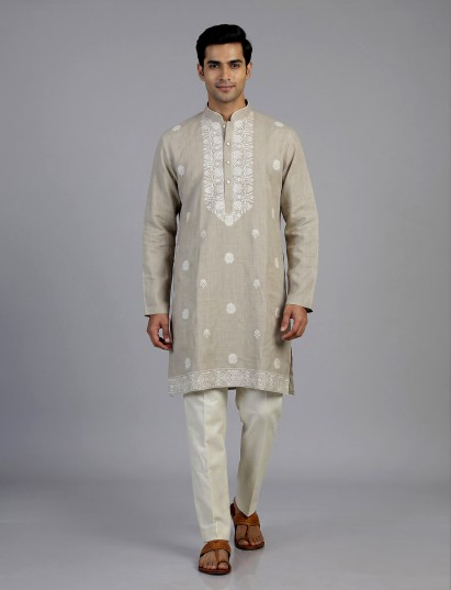 Beige linen silk mens kurta suit with elegant butti embroidery