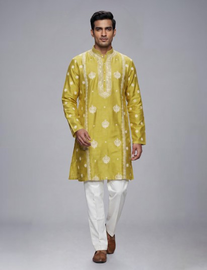 Mehendi green raw silk mens kurta suit with elegant butti work