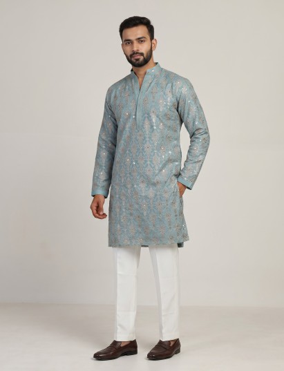 Sky blue silk mens kurta suit with elegant sequined aabla work