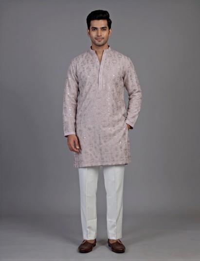 Lilac purple silk mens kurta suit with intricate aabla embellishments