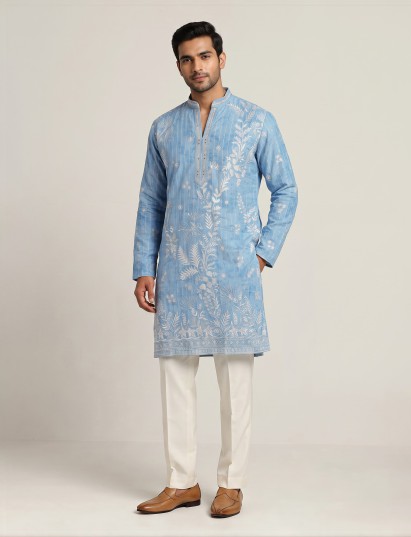 Sky blue silk mens kurta suit with shimmering aabla embellishments