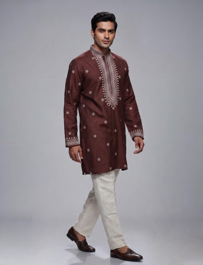 Brown cotton silk mens kurta suit with elegant printed design