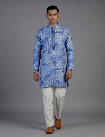 Blue silk mens kurta suit with printed dupatta and threadwork