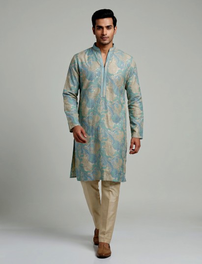 Blue beige silk mens kurta suit with printed sequined detailing