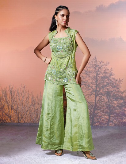 Pastel green silk embellished designer palazzo suit
