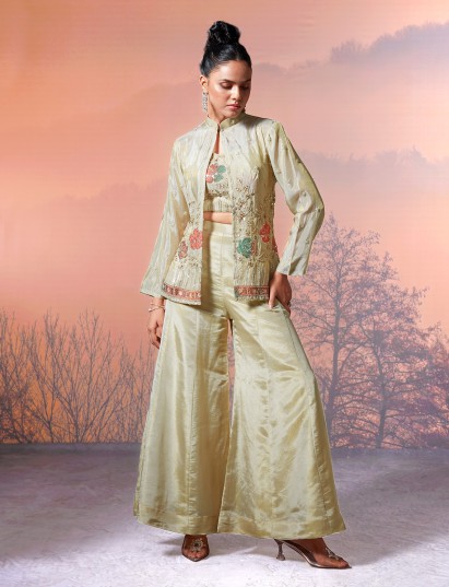 Cream silk jacket style designer palazzo suit