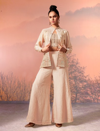 Beige chiffon embroidered jacket style palazzo suit