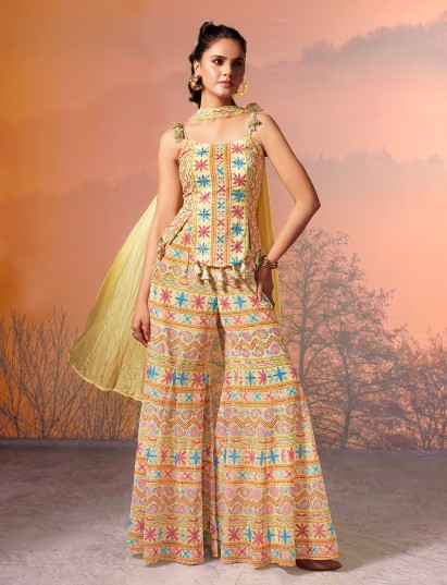 Cream silk stone diamond embellished palazzo suit