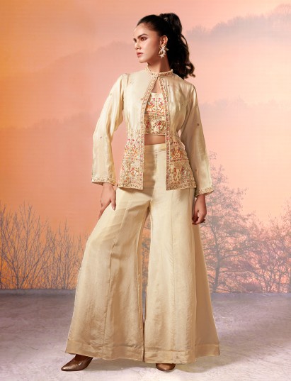 Cream silk jacket style pearl embellished palazzo suit