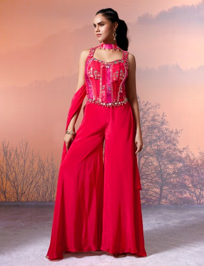 Magenta satin silk sweetheart neck palazzo suit
