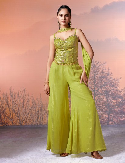 Mehendi green georgette embellished palazzo suit
